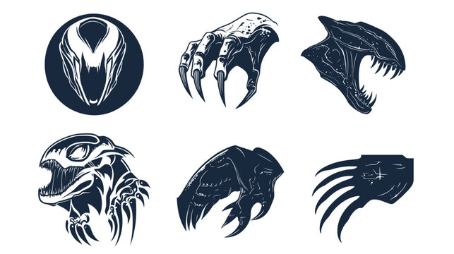 Stylized depictions of various monstrous forms, featuring claws, menacing heads, and abstract shapes