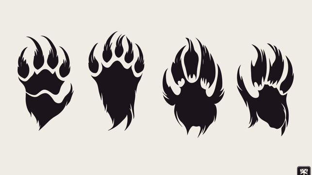 A stylized illustration depicting four bear paw prints in dark silhouette, against a neutral background