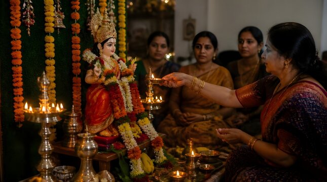 Indian Women Lighting Oil Lamp for Mangala Gauri Vrat Puja Ritual in Front of Parvati Idol for Marital Prosperity