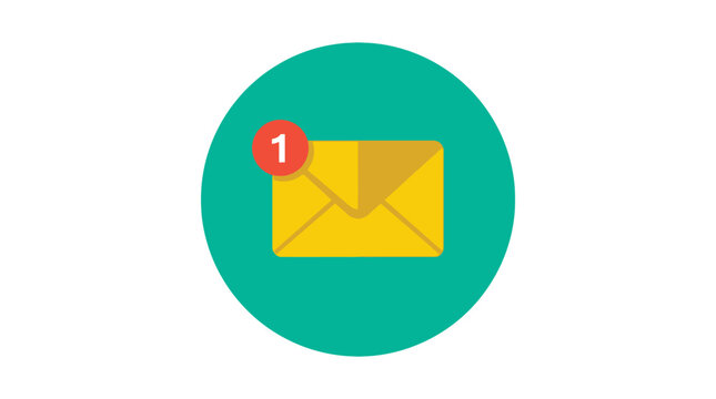 Vibrant yellow email envelope icon with a red notification badge featuring a flat vector design style