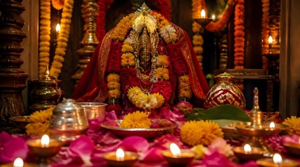 Fototapeta premium Decorated Goddess Parvati idol with glowing lamps, flowers for Mangala Gauri Vrat, capturing Hindu devotion and ancient tradition.
