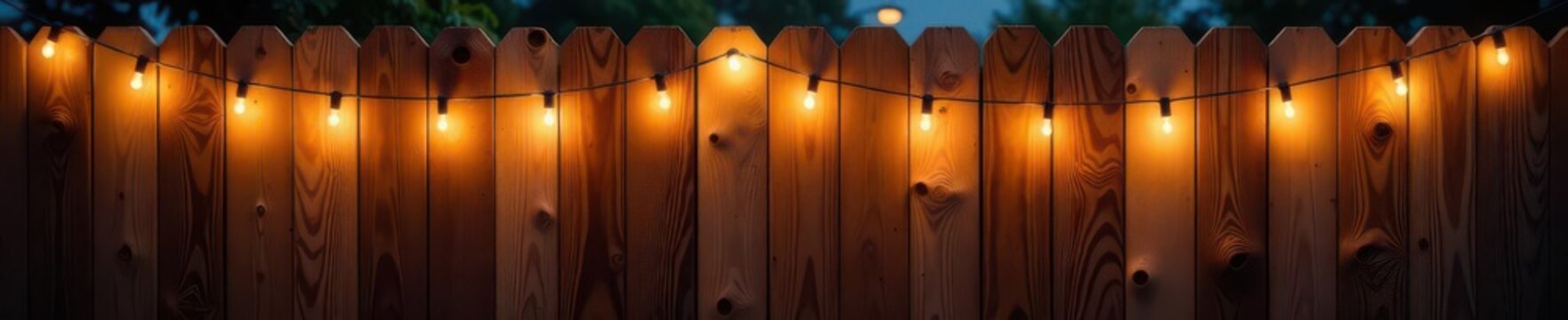 Warm white string lights draped over wooden fence , fence lights, illumination, background