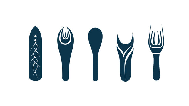 Stylized, abstract dark teal objects, possibly tools or kitchenware, arranged on a pure white background