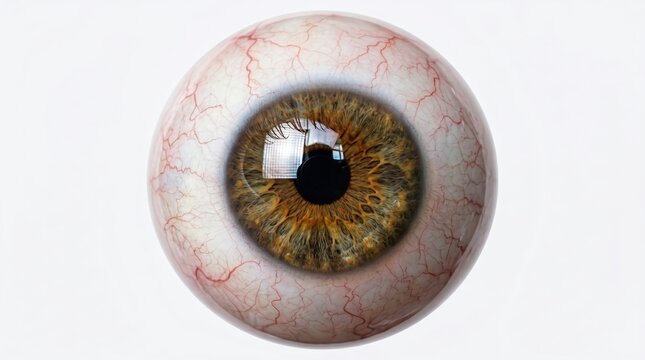 A large realistic human eye with reflections of light effects and anatomical layers, professional, clear, and detailed image on an isolated background.