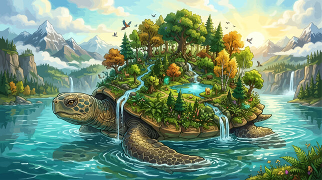 Mystical Giant Turtle with Lush Forest on Back Floating in Serene River at Sunrise