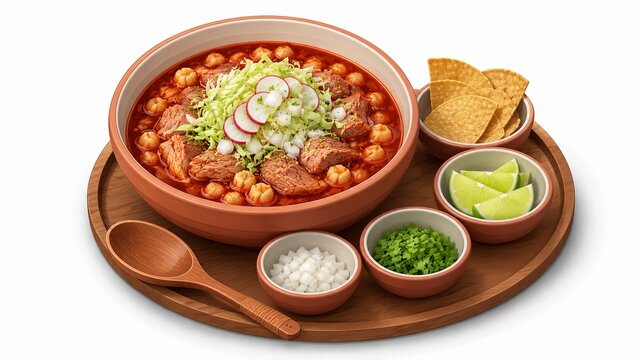 Modern 3d isometric illustration of Mexican pozole rojo soup, isolated traditional hominy stew premium culinary graphic for presentation layouts