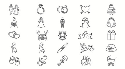 Set of wedding and maternity line icons including bride, groom, rings, cake, pregnant woman, baby items, celebrating love, marriage, and family milestones in simple outline vector graphics. © BiplobBiswas