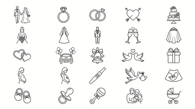 Set of wedding and maternity line icons including bride, groom, rings, cake, pregnant woman, baby items, celebrating love, marriage, and family milestones in simple outline vector graphics.