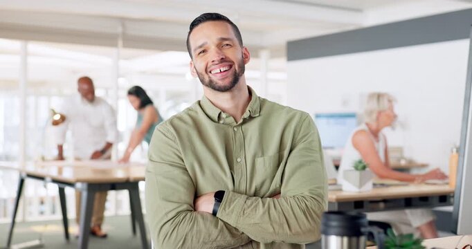 Businessman, computer or arms crossed in coworking office, digital marketing company or web design startup, Portrait, happy smile or creative worker in teamwork vision, innovation or motivation ideas