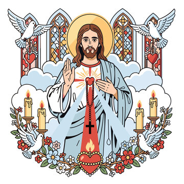 Divine Mercy Jesus Sacred Heart Illustration With Doves Candles