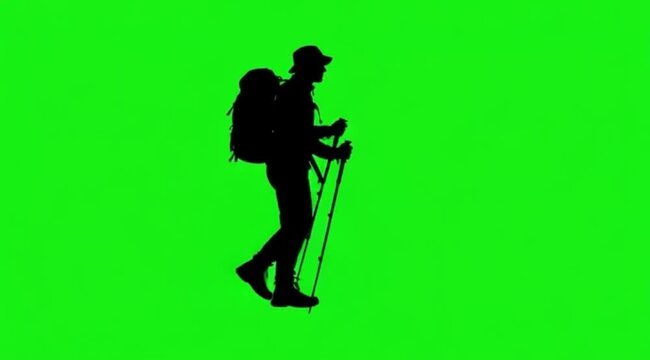 Silhouette Video of a people are hiking on the meddle of the screen in green screen background