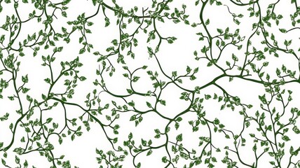 Fototapeta premium Seamless repeating botanical pattern featuring elegant green vine branches and small leaves on pure white background.