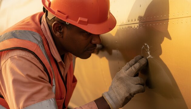 Airport ground crew worker in a hard hat and safety vest inspecting a fuselage surface for aircraft maintenance, aviation safety training and technical inspection services