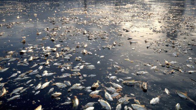Dead fish float on the surface of a coastal bay polluted by oil. The dark water is filled with many silvery fish, showing environmental harm.