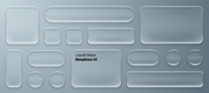 set of liquid glass morphism white elements in various shapes. Transparent glass panel, light frame, smartphone and web application banner with blur effect