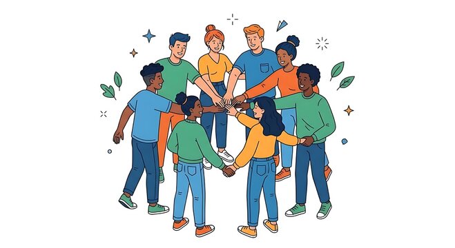 Diverse group of people stacking hands in a circle showing unity and teamwork with leaves and stars around them