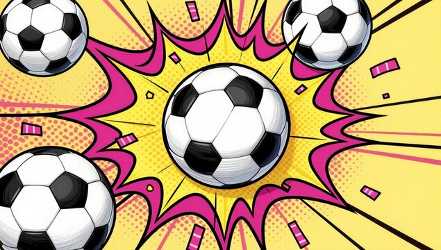 Comic book style explosive background with soccer balls flying through air surrounded by colorful pop art halftone dots and speed lines for energetic sports promotion