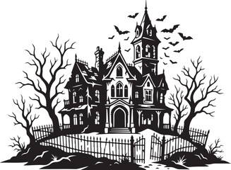 Naklejka premium Haunted house, spooky mansion, black silhouette, vector illustration, Halloween decoration