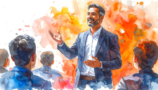 Man presenting enthusiastically to seated colleagues with energetic body language and confidence in a professional office setting watercolor illustration style generative AI