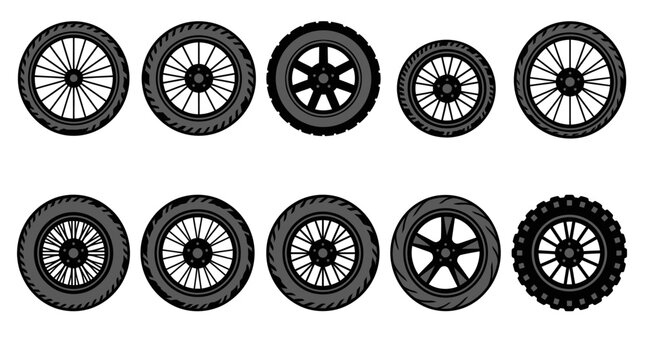 Motorcycle wheel icon set, flat vector tire illustrations isolated on white