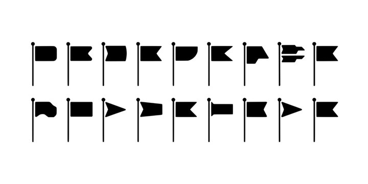 Flags set with various shapes and designs on poles featuring black, white, symbols with communication and nautical elements for maritime, signal
