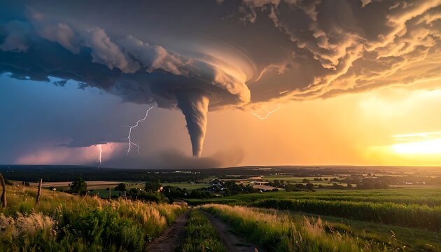 A dramatic tornado descends from a stormy sky over a rural landscape