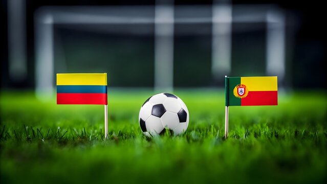 Soccer ball with colombia and portugal flags on green field