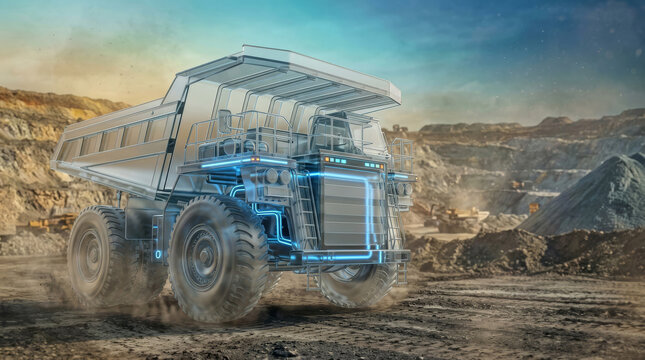 Transparent futuristic hologram of a heavy mining dump truck working in a dirt quarry. This digital twin concept illustrates modern industrial engineering and smart construction technology.