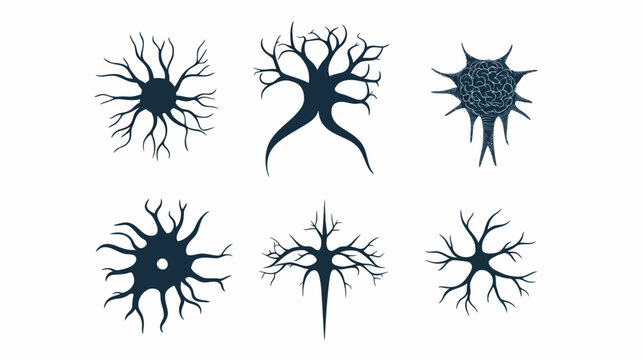 Six stylized illustrations of organic shapes resembling neurons or trees, in dark blue