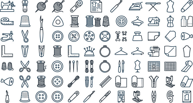 Tailoring sewing dressmaking and handicraft thin line vector icon set featuring sewing machine mannequin scissors thread buttons measuring tape iron zipper fabric and needles.