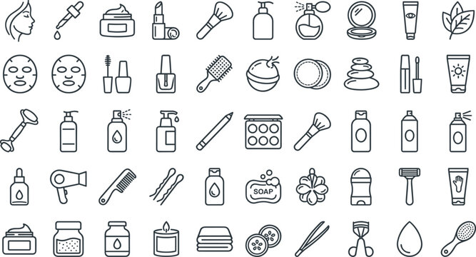 Cosmetics makeup and beauty spa outline line vector icon set featuring cream lipstick mirror eyeshadow palette perfume bottle shampoo mask brush comb candle lotion.