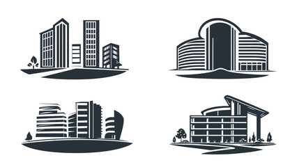 Fototapeta premium Four monochrome illustrations of building architecture with unique and geometric designs on a white background