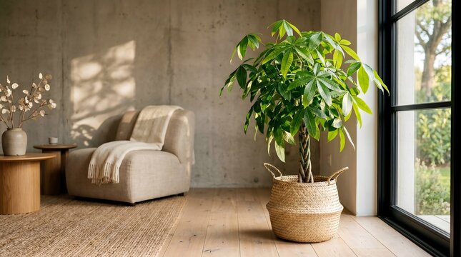 Pachira Aquatica plant placed in a warm modern living room with soft natural light and cozy minimalist interior.