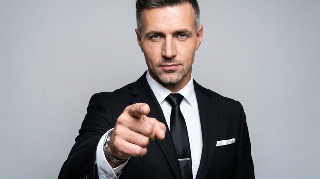 Confident professional man in sleek dark suit and crisp white shirt pointing forward with assertive body language in soft studio lighting