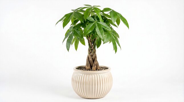 Highly detailed Pachira Aquatica plant with vibrant green leaves in a modern ceramic pot isolated on white background.
