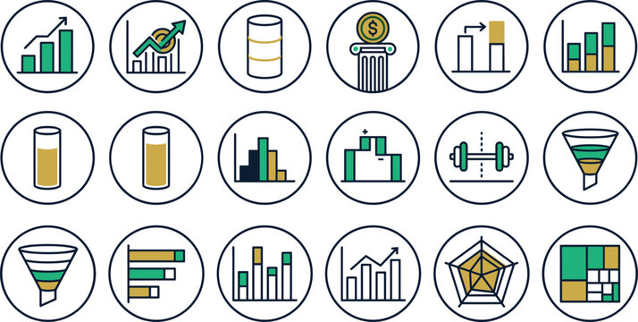 Business data analytics and financial chart circle line vector icon set featuring bar graph growth trend funnel database cylinder radar diagram and treemap.