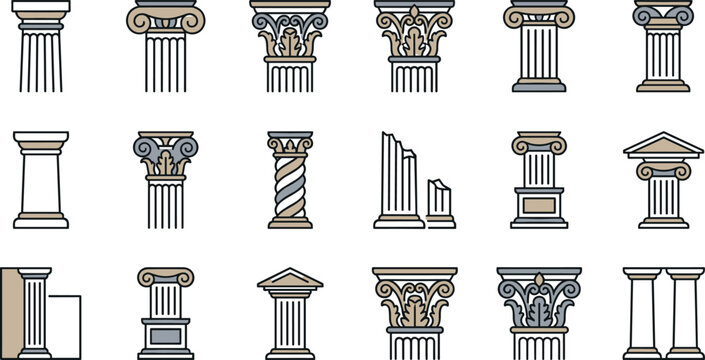 Classical architectural column and antique pillar line vector icon set featuring greek roman ancient doric ionic corinthian ruined pedestal monument temple capital structure.