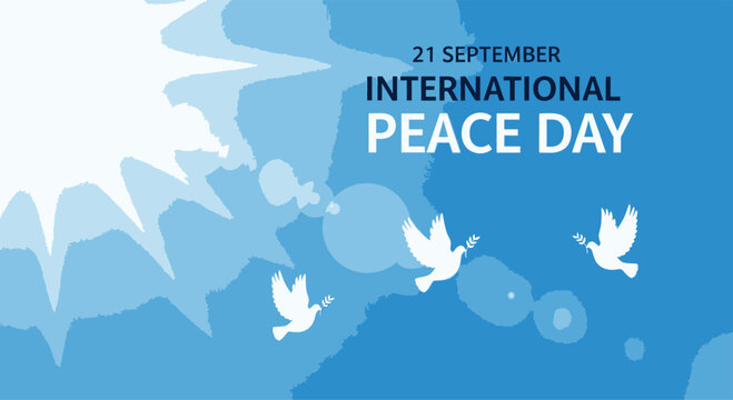 Flying white doves with olive branches and shining sun on blue background for International Peace Day vector illustration International Peace Day