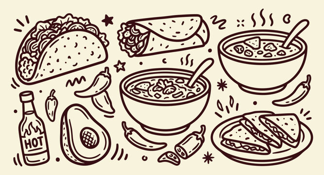 Mexican food vector element set. Hand-drawn line art illustrations of taco, burrito, quesadilla, chili pepper, hot sauce, avocado, and soup bowls on cream.