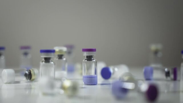 Pharmaceutical Vials with Colorful Caps, Slow Dolly Shot [Peptide Concept]