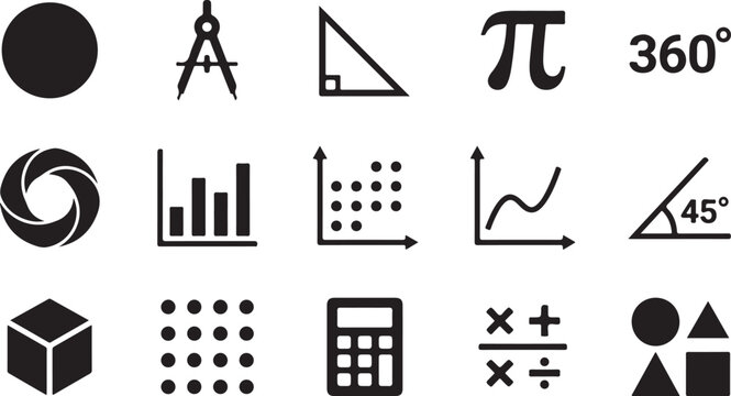 A collection of black vector graphic icons representing various mathematical symbols geometric shapes and data analysis charts for educational design projects and modern digital interface development