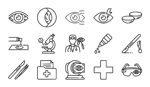 Editable medical line vector icons for Acanthamoeba keratitis eye symptoms and healthcare treatment