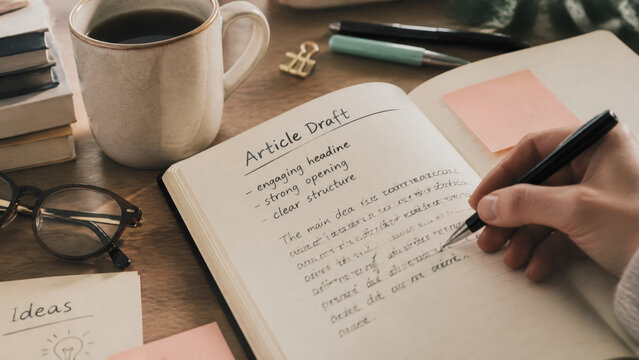Article Draft with Handwritten Notes and Coffee on Wooden Table