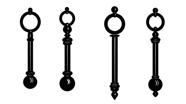 A monochrome illustration of four stylized keys, each with a distinctive design and shape