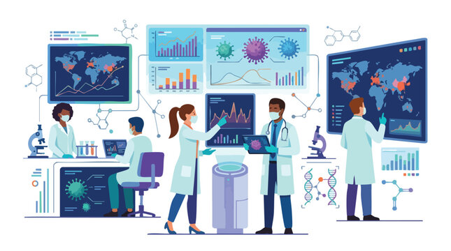 Scientists in lab analyzing hantavirus vector and virus outbreak vector on screens and maps
