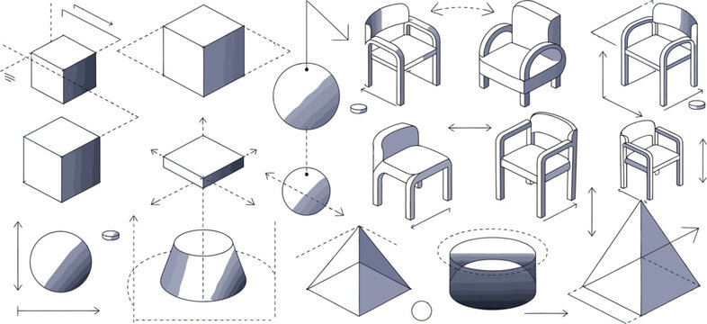 Geometric shapes, 3D icons, isometric illustrations, blue metallic objects
