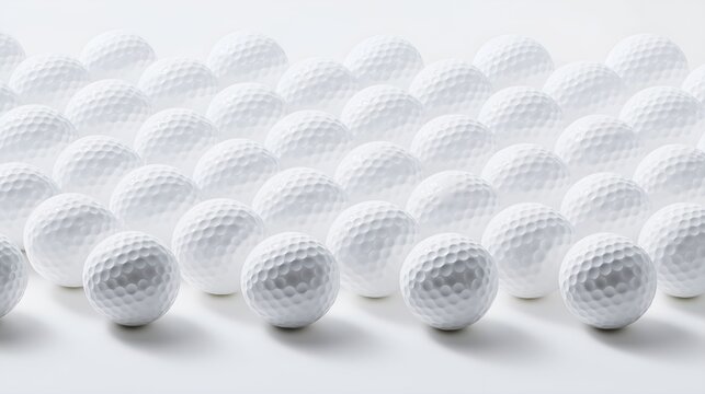 White golf balls arranged in a geometric pattern on a pure white background, emphasizing texture.