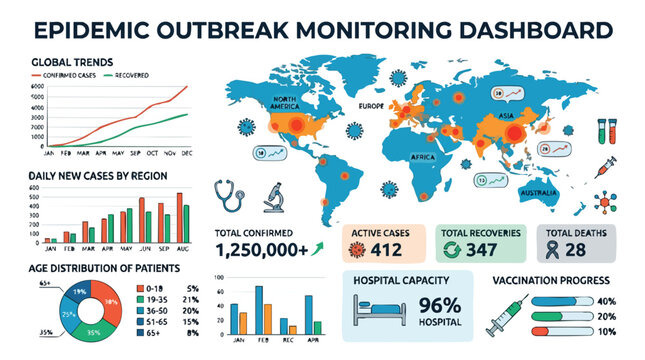 Epidemic outbreak monitoring dashboard showing global trends and statistics with hantavirus vector data and virus