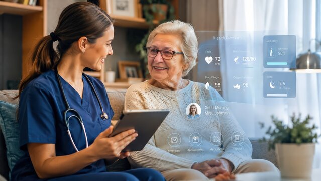 Elderly Care and Technology: A kind caregiver reviews health data on a tablet with an elderly woman, showcasing the integration of technology in personalized healthcare and support.