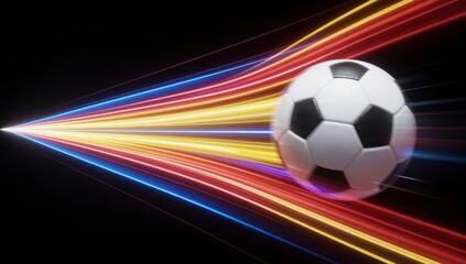 Naklejka premium Professional soccer ball flying through air with dynamic motion blur and bright neon light trails in red blue and yellow for sports action photography